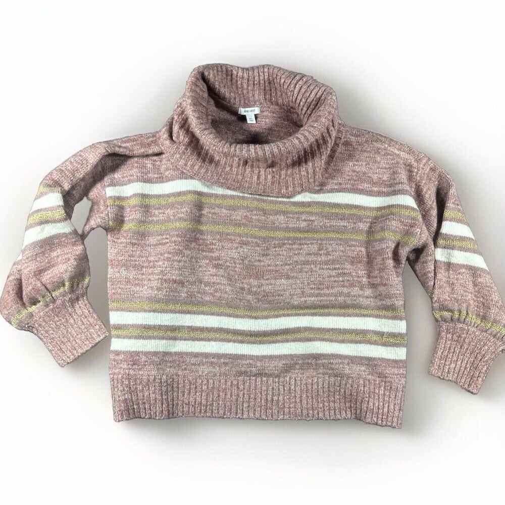 Nine West Metallic Stripe Cowl Neck Sweater XL Rose Pink Gold Balloon Sleeve
